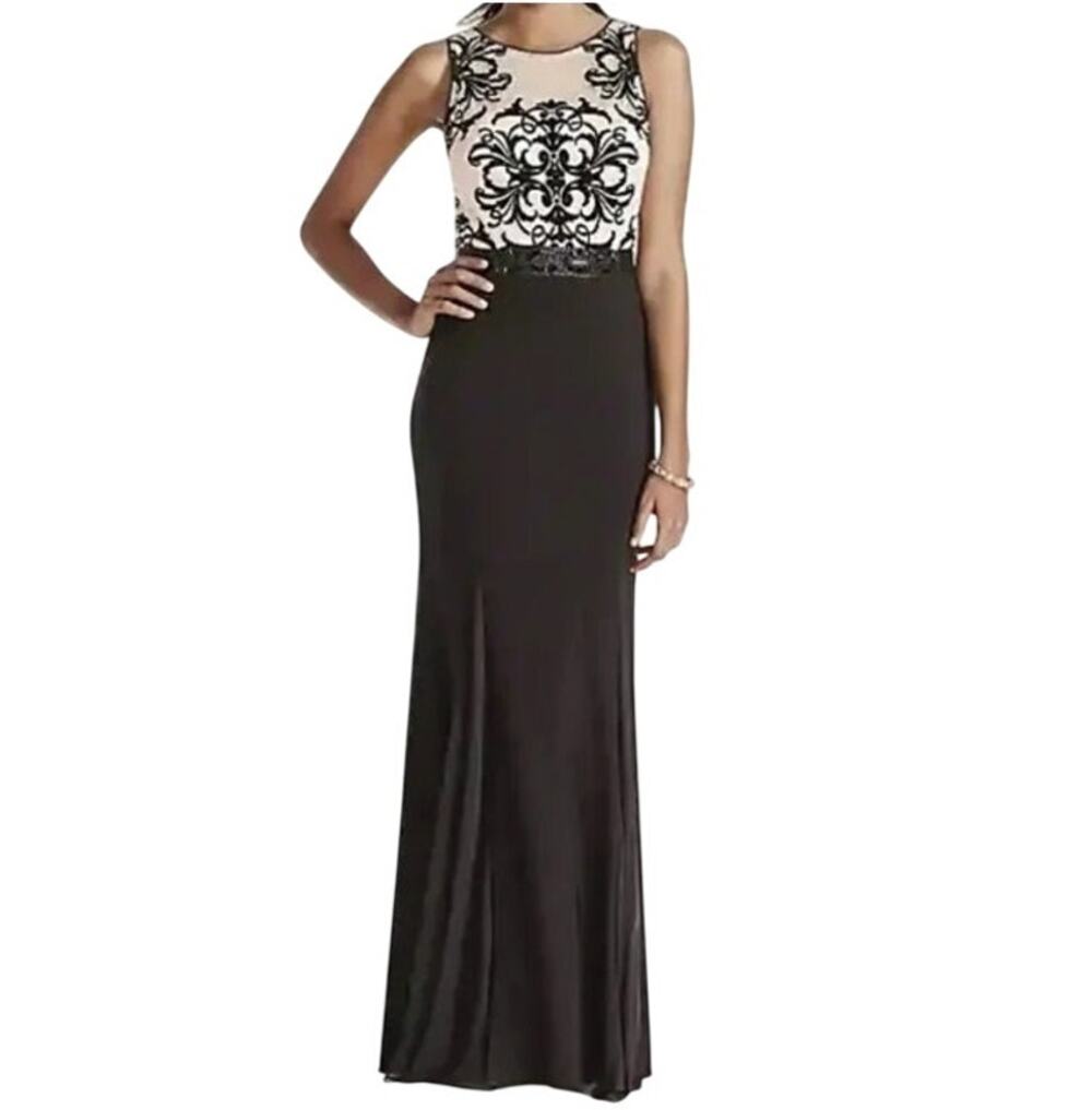 Betsy & Adam Damask Evening Gown Formal A Line Beaded Belt Black Cream Womens 6